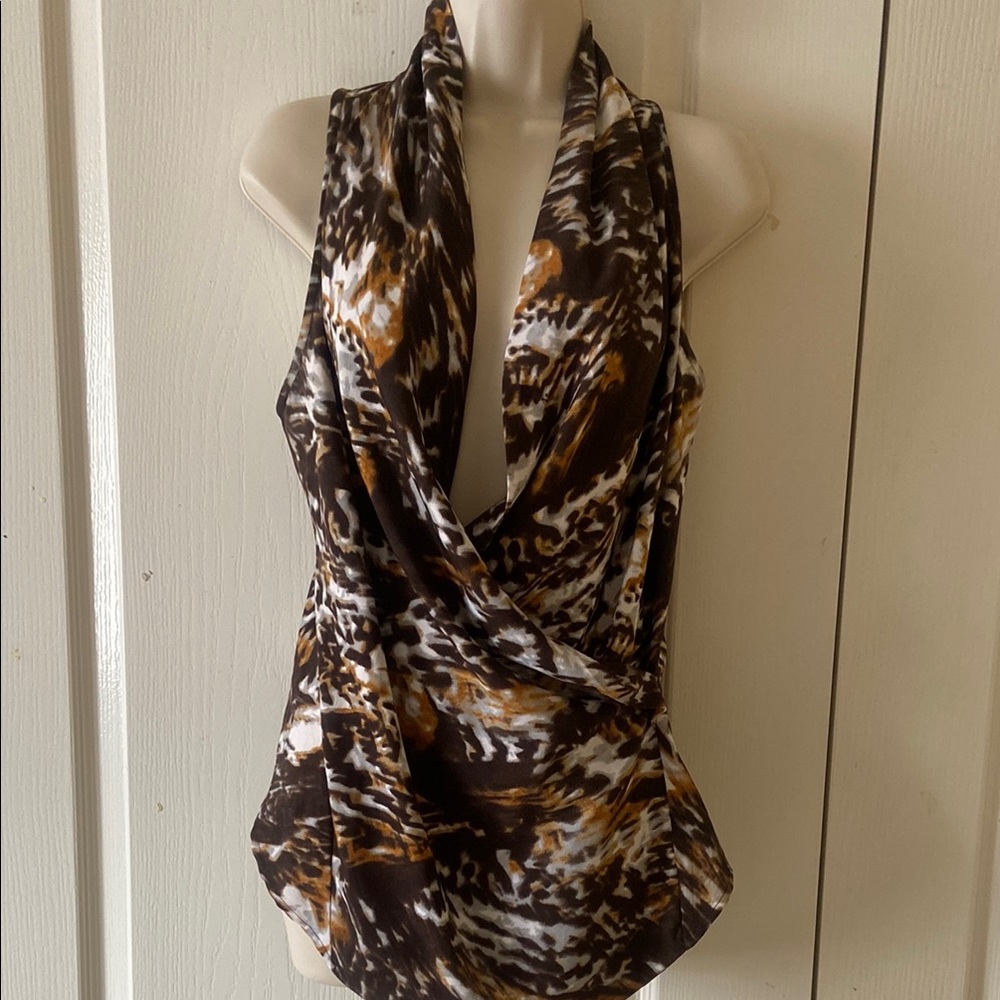 W118 by Walter Baker Brown and White Asymmetrical Wrap Tank Top